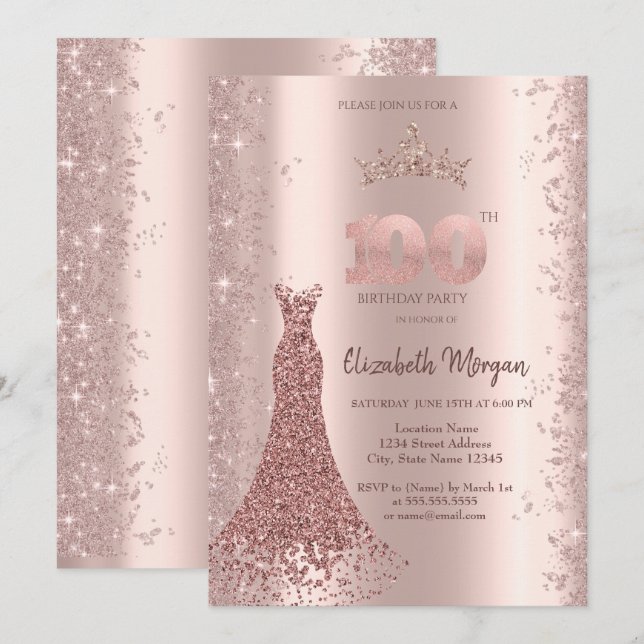 Diamantklänning Rosa Guld Glitterdamm 100th Inbjudningar (Fram/baksida)