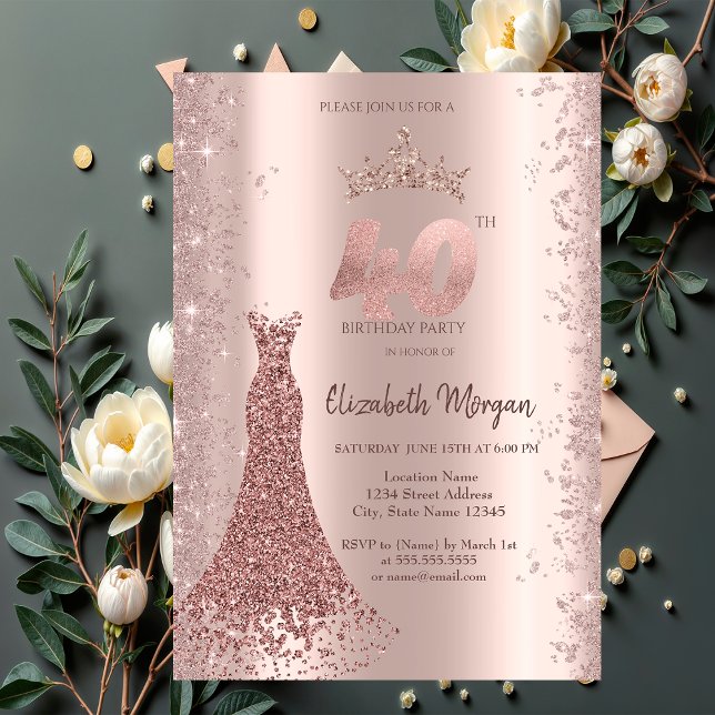 Diamantklänning Rosa Guld Glitterdamm 40-årsdag Inbjudningar (Skapare uppladdad)