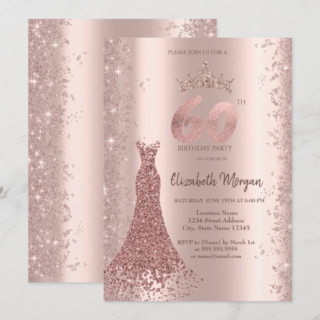 Diamantklänning Rosa Guld Glitterdamm 60-årsdag Inbjudningar (Fram/baksida)