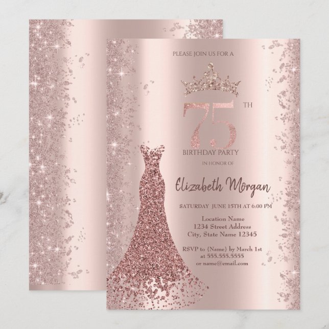 Diamantklänning Rosa Guld Glitterdamm 75-årsdag Inbjudningar (Fram/baksida)