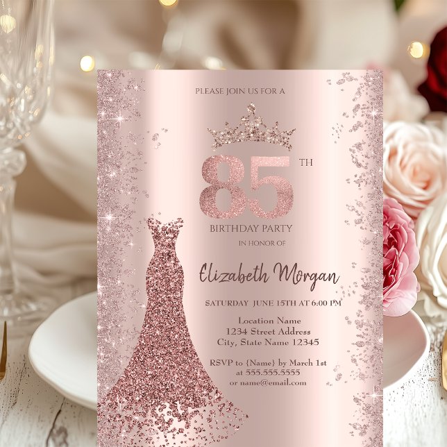 Diamantklänning Rosa Guld Glitterdamm 85-årsdag Inbjudningar (Skapare uppladdad)