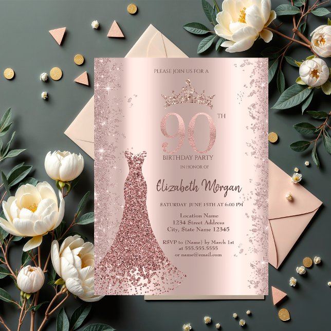 Diamantklänning Rosa Guld Glitterdamm 90-årsdag Inbjudningar (Skapare uppladdad)