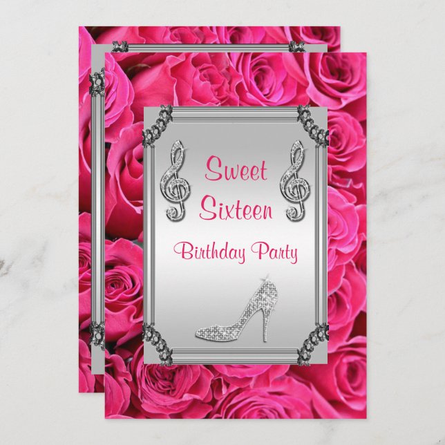 Diamantmusik noterar, stilett & ro sött 16 inbjudningar (Fram/baksida)