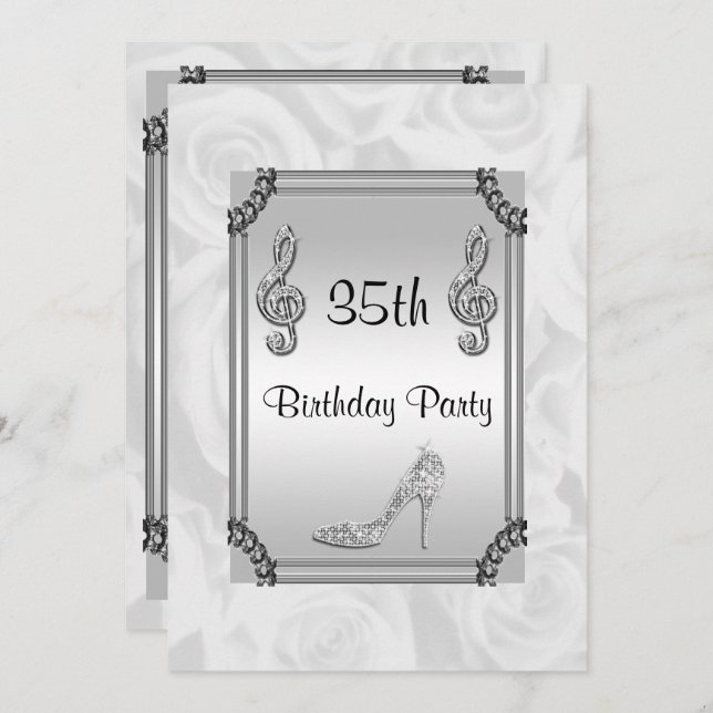 Diamantmusik noterar, stilett- & vit ros35en inbjudningar (Fram/baksida)