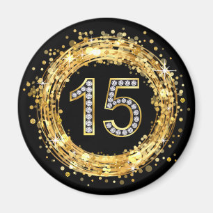 Diamantnummer 15 Glitter Bling Confetti GULD Magnet