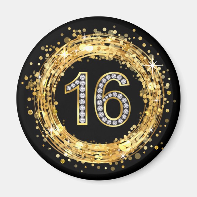 Diamantnummer 16 Glitter Bling Confetti | GULD Magnet (Framsidan)