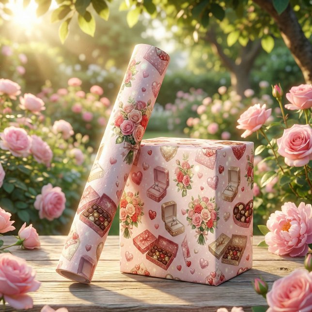 Diamantringar, rosor och lyxiga presentlådor Mönst Presentpapper (Skapare uppladdad)