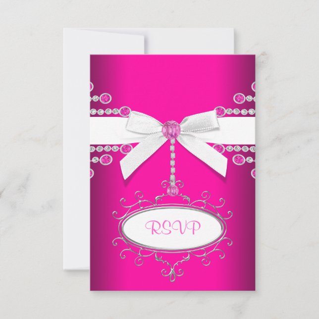 Diamants Bow Hot Pink Quinceanera RSVP OSA Kort (Framsida)