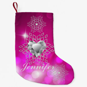 Diamantsnöflingor & hjärta Fuschia Bokeh Liten Julstrumpa