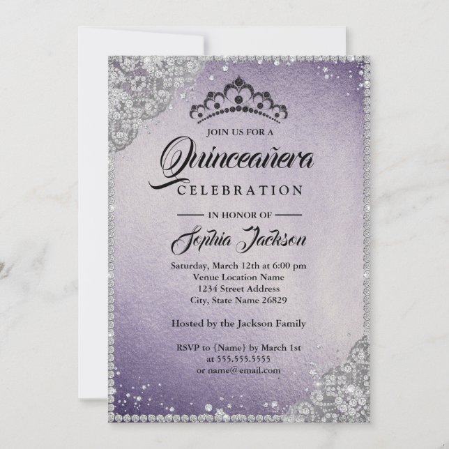 Diamantspetsglans Lila Quinceanera Inbjudningar (Framsida)