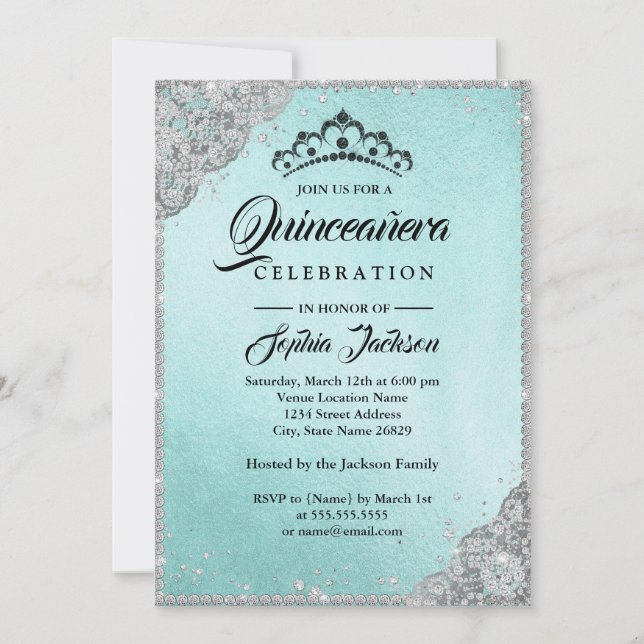 Diamantspetsgläns teal Quinceanera Inbjudningar (Framsida)