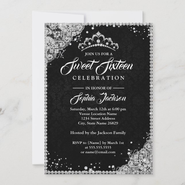 Diamantspetsglänsande tiara silver svart Sweet 16 Inbjudningar (Framsida)