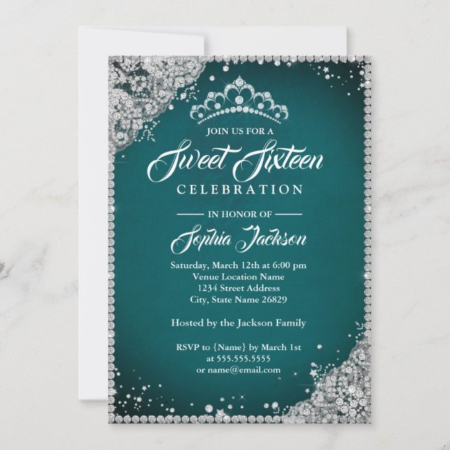 Diamantspetsglänsande tiara teal silver Sweet 16 Inbjudningar (Framsida)