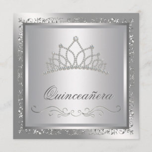 Diamanttiara Elegant Silver Damask Quinceanera-inb Inbjudningar