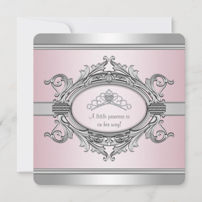 Diamanttiara Grå Rosa Prinsessa Babyflicka Bebisdo Inbjudningar (Framsida)