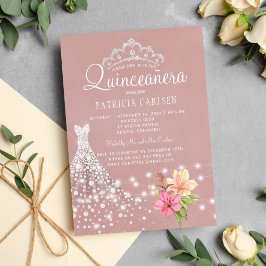 Diamanttiara och klänning blomstergrejk quinceaner inbjudningar