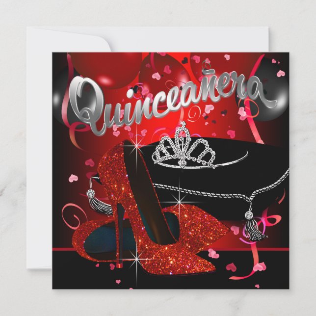 Diamanttiara Röd och Svart Quinceanera Inbjudningar (Framsida)
