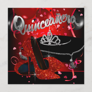 Diamanttiara Röd och Svart Quinceanera Inbjudningar