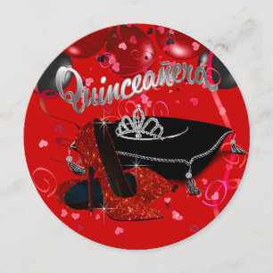 Diamanttiara Röd och Svart Quinceanera Inbjudningar