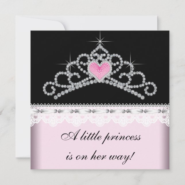Diamanttiara Rosa Svart Prinsessa Baby Shower Inbjudningar (Framsida)