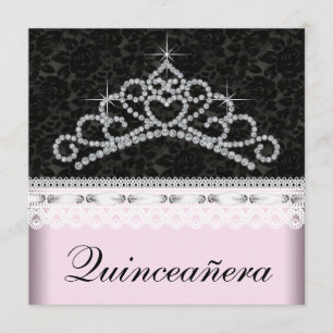 Diamanttiara Rosa Svart Sweet 15 Quinceanera Inbjudningar