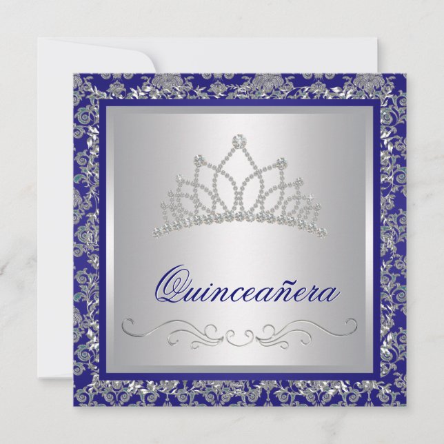 Diamanttiara Royal Navy Blå Quinceanera Inbjudningar (Framsida)