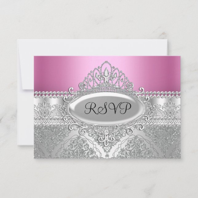 Diamanttiara & Silver Damask Rosa RSVP OSA Kort (Framsida)