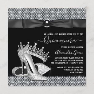 Diamanttiara sko glamour svart bältes Quinceanera Inbjudningar