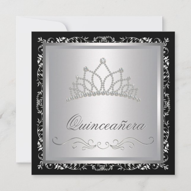 Diamanttiara Svart Damast Quinceanera Inbjudningar (Framsida)