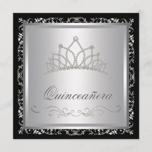 Diamanttiara Svart Damast Quinceanera Inbjudningar