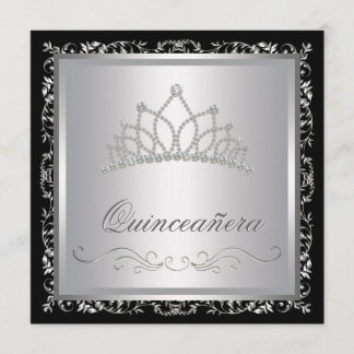 Diamanttiara Svart Damast Quinceanera Inbjudningar