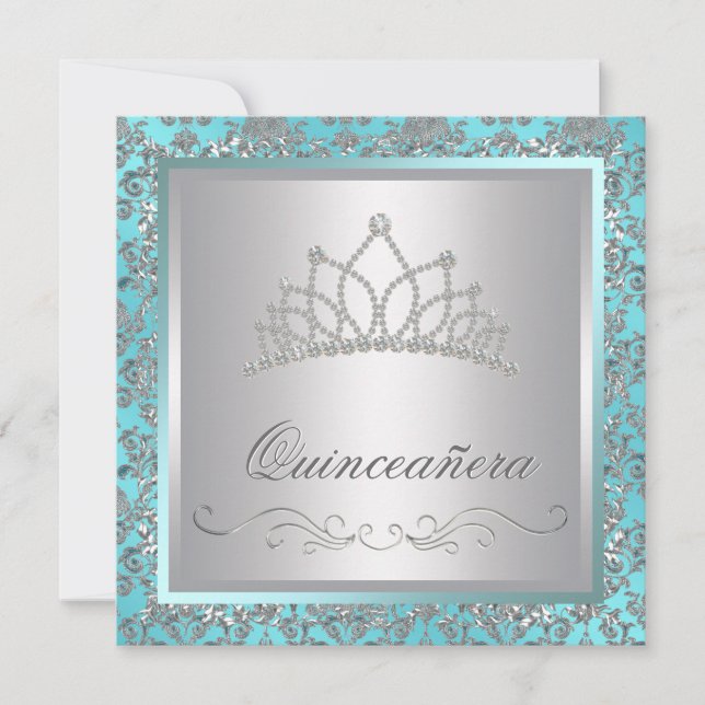 Diamanttiara turkosblå damast turkosblå Quinceane Inbjudningar (Framsida)