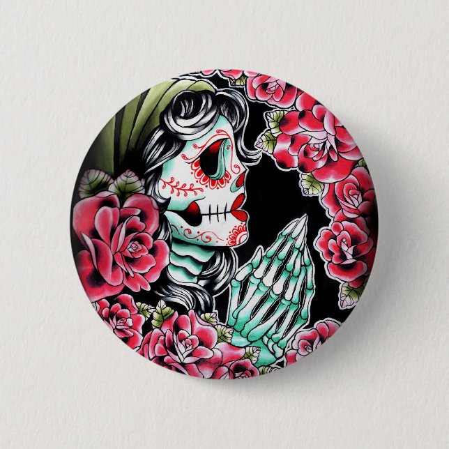 Diameter De Los Muertos pråliga Tatuera Knapp (Framsida)