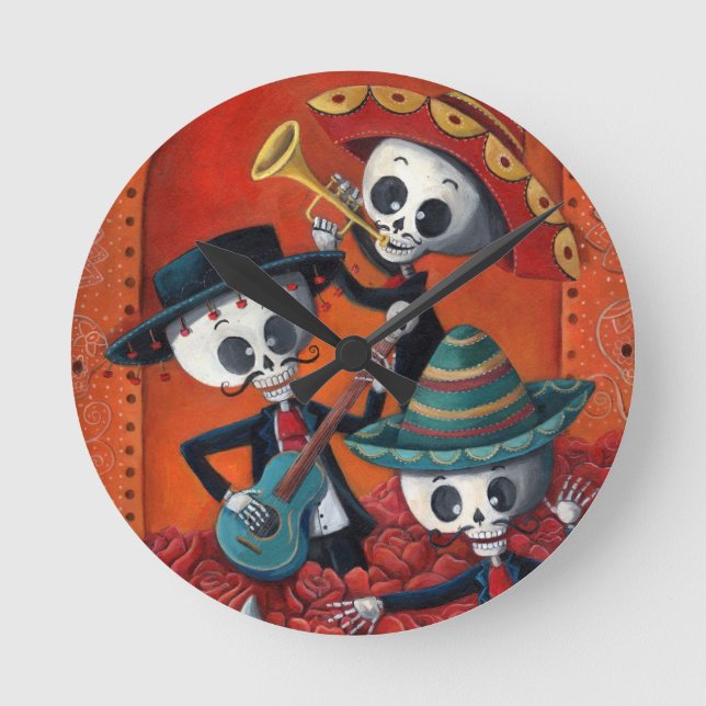 Diameter de Los Muertos Skelett MariachiTrio Rund Klocka (Framsida)