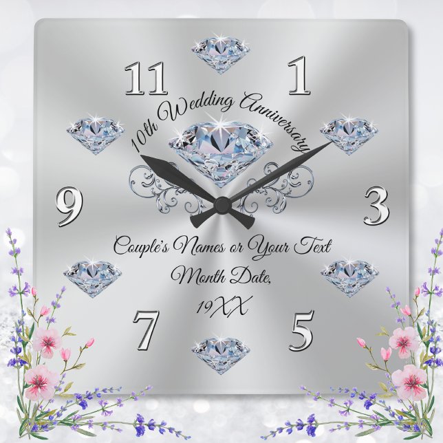 Diamond 10-årsdagen Bröllop Gift Ideas Fyrkantig Klocka (10 year wedding anniversary gift for wife. 10th wedding anniversary gift for daughter and son in law)