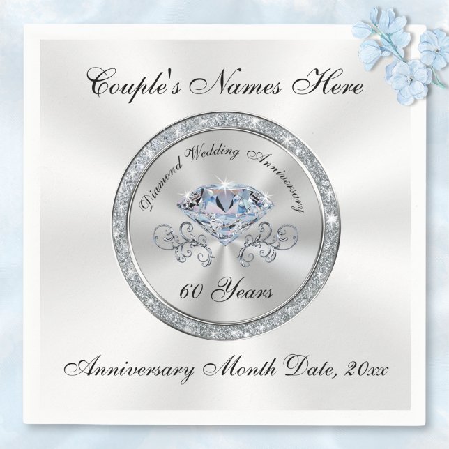 Diamond, 60-årsdagen Napkins-Personlig Pappersservett (60th Anniversary Napkins. Personalised Diamond Anniversary Party Supplies. 60th wedding anniversary.)