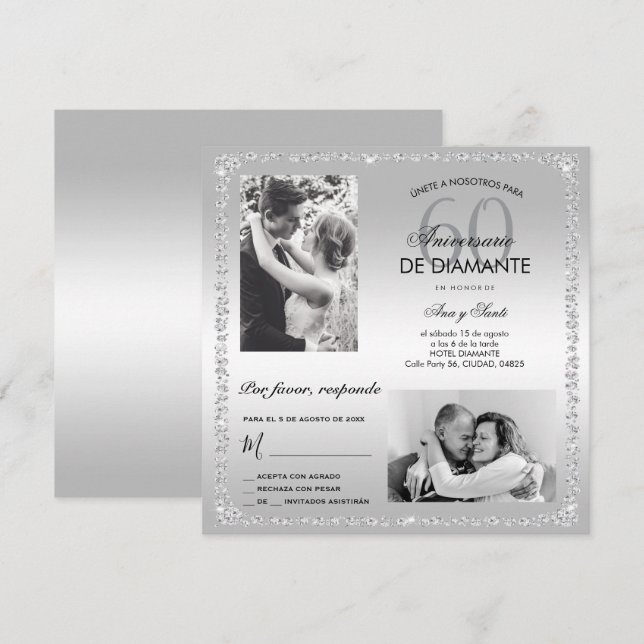 Diamond 60th Wedding Anniversary Double Photo  Inbjudningar (Fram/baksida)