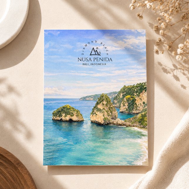 Diamond Beach Bali Akvarell Turkos Hav Helg Vykort (Diamond Beach Bali Watercolor Turquoise Sea Holiday Postcard)