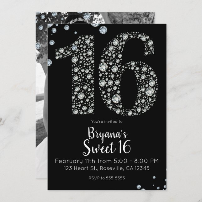 Diamond Bling 16 Sexton Födelsedagsfester Foto Inbjudningar (Fram/baksida)