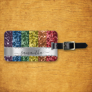 Diamond Bling Glitter Calligraphy Namn Rainbow Bagagebricka