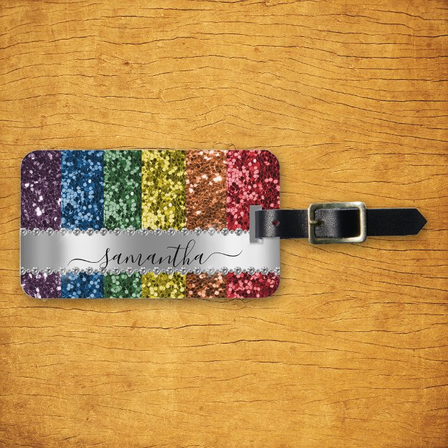 Diamond Bling Glitter Calligraphy Namn Rainbow Bagagebricka (Skapare uppladdad)