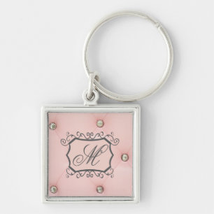 Diamond Bling Rosa Tuftad Leath Monogram Nyckelrin Fyrkantig Silverfärgad Nyckelring