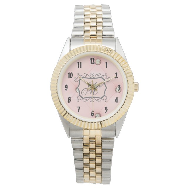 Diamond Bling Rosa Tuftad Monogram Wrist Watch Armbandsur (Framsida)
