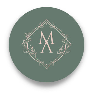 Diamond Blommigt Monogram Evergreen Bröllop Runt Klistermärke