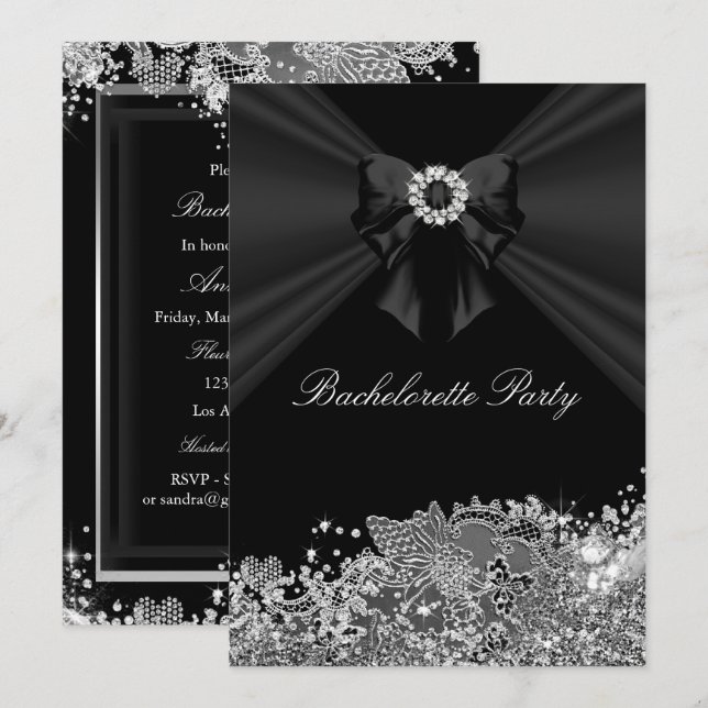 Diamond Bow Black Snöre Bachelorette Party Inbjuda Inbjudningar (Fram/baksida)
