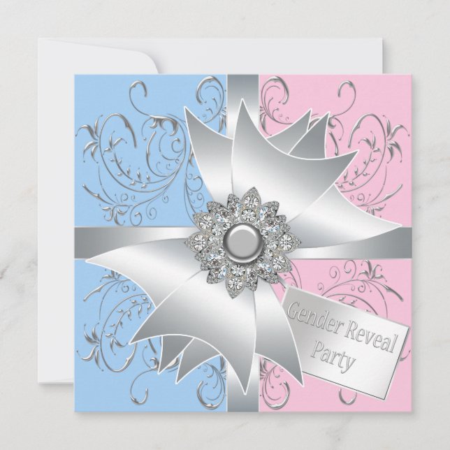 Diamond Bow Elegant Rosa Blue Gender Reveal Inbjudningar (Framsida)
