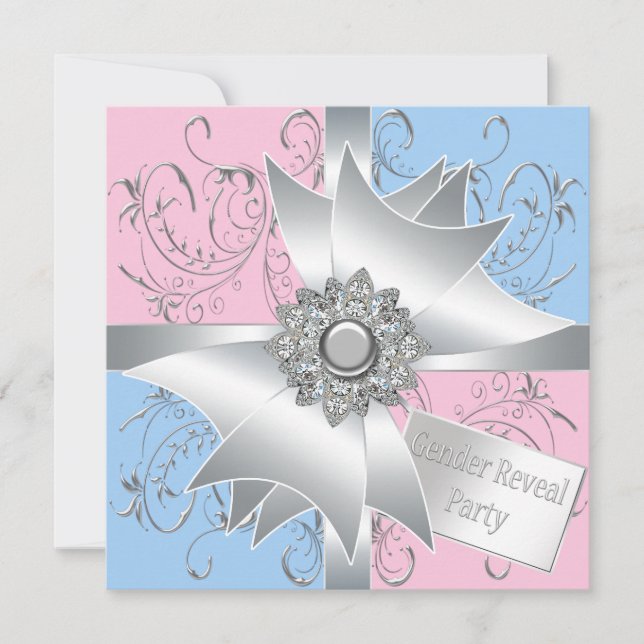 Diamond Bow Elegant Rosa Blue Gender Reveal Party Inbjudningar (Framsida)