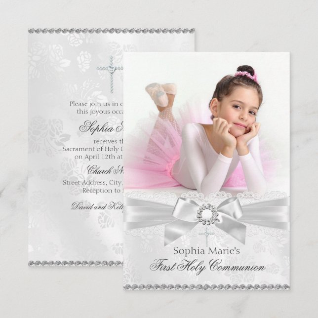 Diamond Bow & Kor Photo First Heliga Communion Inbjudningar (Fram/baksida)