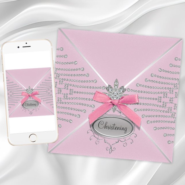 Diamond Bow Rosa Christening Inbjudningar (Girl pink christening and baptism invitation. Digital download and printed invitations available.)