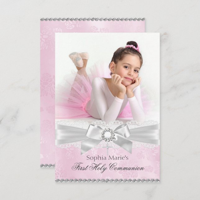 Diamond Bow Rosa Photo First Heliga Communion Inbjudningar (Fram/baksida)